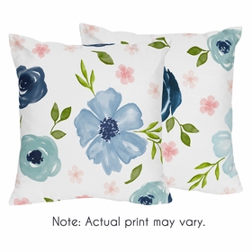 Watercolor Floral Navy Blue and Pink Collection Decorative Accent Throw Pillows - Set of 2
