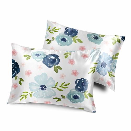 Watercolor Floral Navy Blue and Pink Collection Decorative Satin Pillowcases - 2 Pack Set
