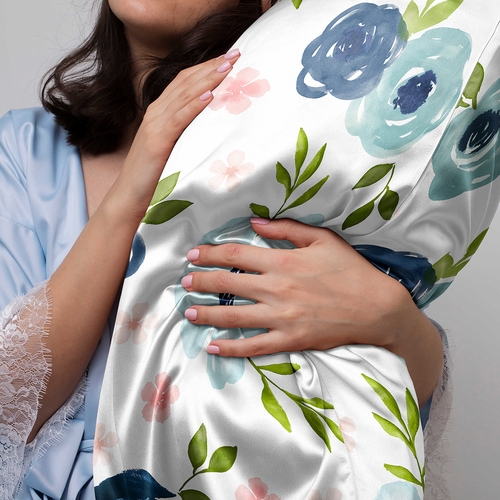 Watercolor Floral Navy Blue and Pink Collection Decorative Satin Pillowcases - 2 Pack Set - alt image 1