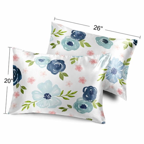 Watercolor Floral Navy Blue and Pink Collection Decorative Satin Pillowcases - 2 Pack Set - alt image 3