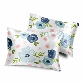 Watercolor Floral Navy Blue and Pink Collection Decorative Satin Pillowcases - 2 Pack Set