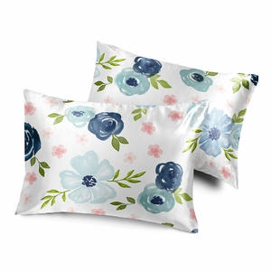 Watercolor Floral Navy Blue and Pink Collection Decorative Satin Pillowcases - 2 Pack Set