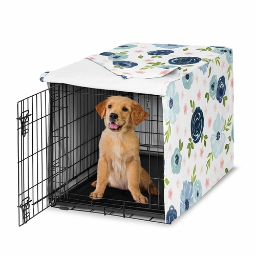 Watercolor Floral Navy Blue and Pink Collection Dog Crate Kennel Cover 36in.