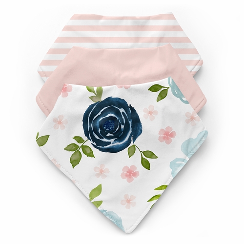 Watercolor Floral Navy Blue and Pink Collection Fabric Bandana Baby Bibs - 3 Pack Set