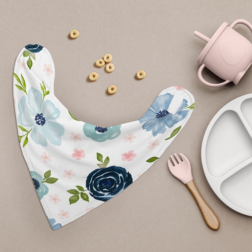 Watercolor Floral Navy Blue and Pink Collection Fabric Bandana Baby Bibs - 3 Pack Set - alt image 1