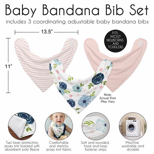Watercolor Floral Navy Blue and Pink Collection Fabric Bandana Baby Bibs - 3 Pack Set - alt image 2
