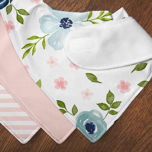 Watercolor Floral Navy Blue and Pink Collection Fabric Bandana Baby Bibs - 3 Pack Set - alt image 4