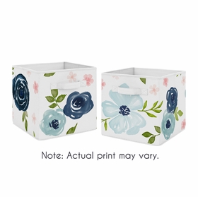 Watercolor Floral Navy Blue and Pink Collection Foldable Fabric Storage Bins