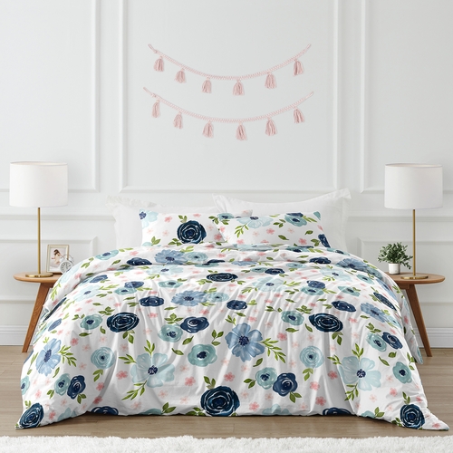 Watercolor Floral Navy Blue and Pink Collection Full/Queen Bedding
