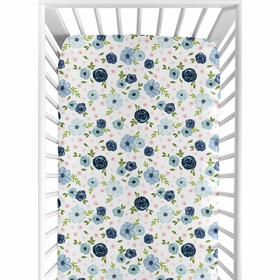 Watercolor Floral Navy Blue And Pink Collection Jersey Knit Crib Sheet