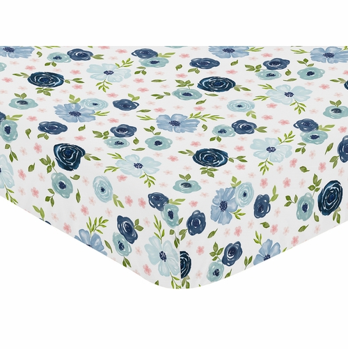 Watercolor Floral Navy Blue And Pink Collection Jersey Knit Crib Sheet - alt image 2