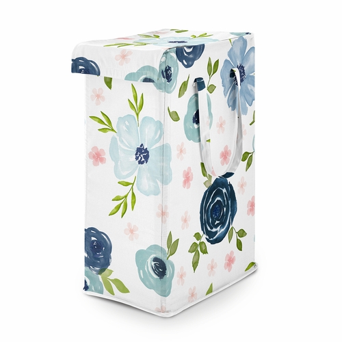 Watercolor Floral Navy Blue And Pink Collection Laundry Hamper with Handles