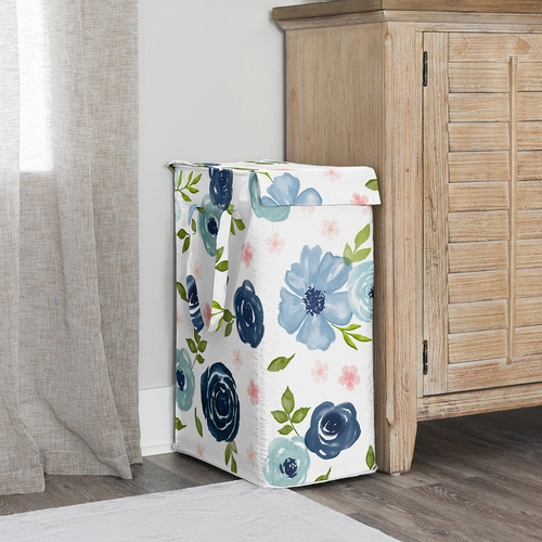Watercolor Floral Navy Blue And Pink Collection Laundry Hamper with Handles - alt image 1
