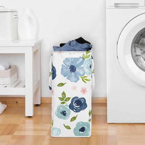 Watercolor Floral Navy Blue And Pink Collection Laundry Hamper with Handles - alt image 2