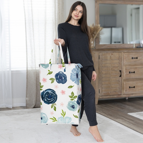 Watercolor Floral Navy Blue And Pink Collection Laundry Hamper with Handles - alt image 3