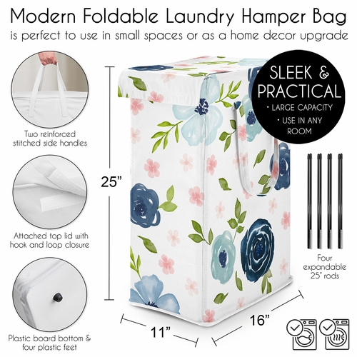 Watercolor Floral Navy Blue And Pink Collection Laundry Hamper with Handles - alt image 4