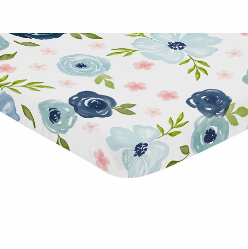 Watercolor Floral Navy Blue and Pink Collection Mini Crib Sheet