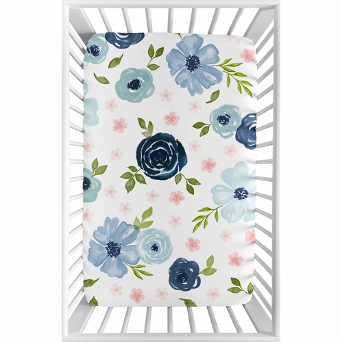 Watercolor Floral Navy Blue and Pink Collection Mini Crib Sheet - alt image 1
