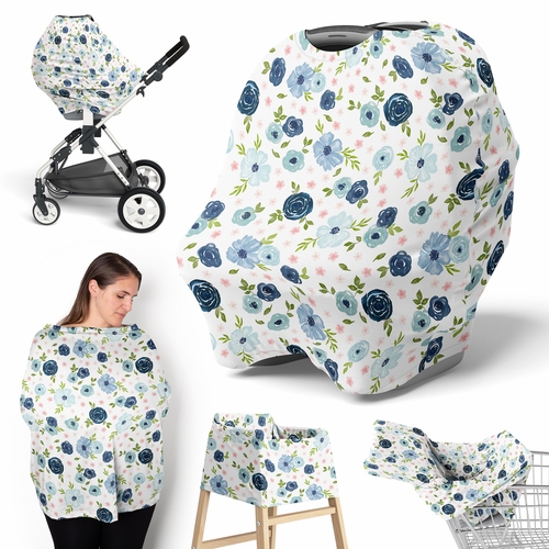 Watercolor Floral Navy Blue and Pink Collection Multi Use Baby Car Seat and Nursing Cover