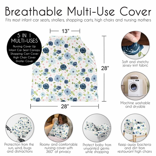 Watercolor Floral Navy Blue and Pink Collection Multi Use Baby Car Seat and Nursing Cover - alt image 5