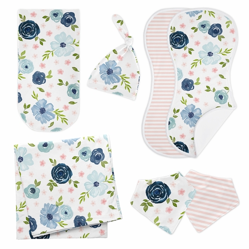 Watercolor Floral Navy Blue and Pink Collection Newborn Baby Layette Set