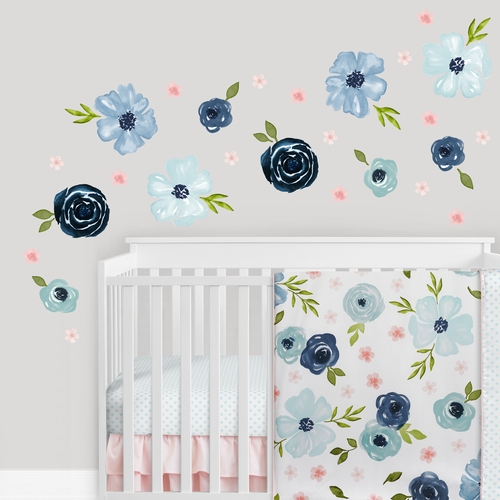 Watercolor Floral Navy Blue And Pink Collection Peel and Stick Wall Decal Stickers - Set of 4 Sheets