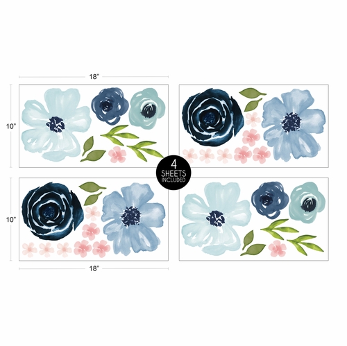 Watercolor Floral Navy Blue And Pink Collection Peel and Stick Wall Decal Stickers - Set of 4 Sheets - alt image 3