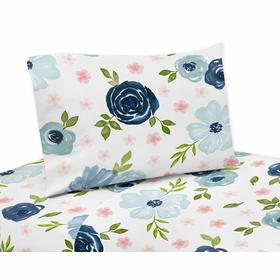 Watercolor Floral Navy Blue and Pink Collection Queen Sheet Set