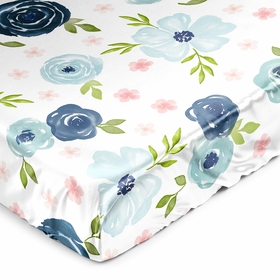 Watercolor Floral Navy Blue And Pink Collection Satin Fitted Crib Sheet