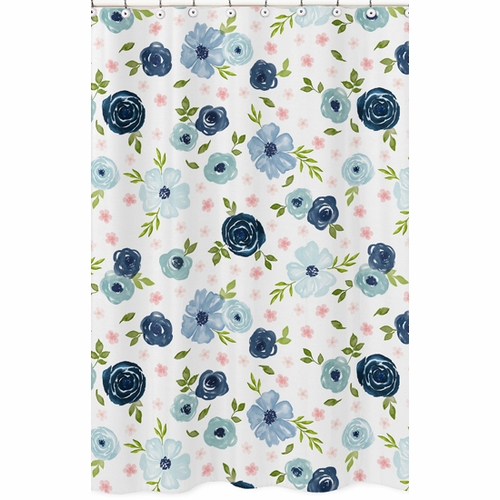 Watercolor Floral Navy Blue and Pink Collection Shower Curtain