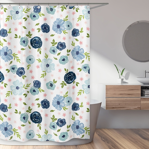 Watercolor Floral Navy Blue and Pink Collection Shower Curtain - alt image 1