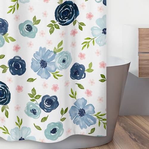 Watercolor Floral Navy Blue and Pink Collection Shower Curtain - alt image 2