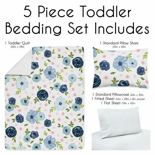 Watercolor Floral Navy Blue and Pink Collection Toddler Bedding - alt image 2