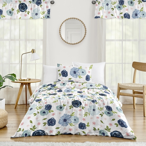 Watercolor Floral Navy Blue and Pink Collection Twin Bedding