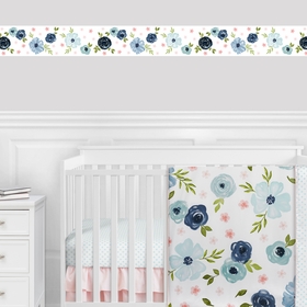 Watercolor Floral Navy Blue And Pink Collection Wallpaper Border