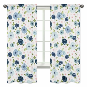 Watercolor Floral Navy Blue and Pink Collection Window Panels - Set of 2