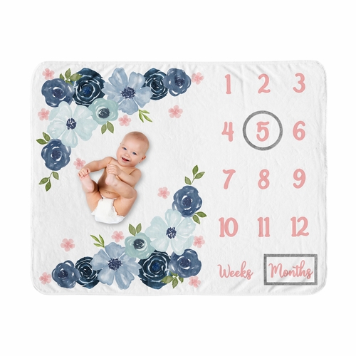 Watercolor Floral Navy Blue And Pink Monthly Milestone Baby Blanket