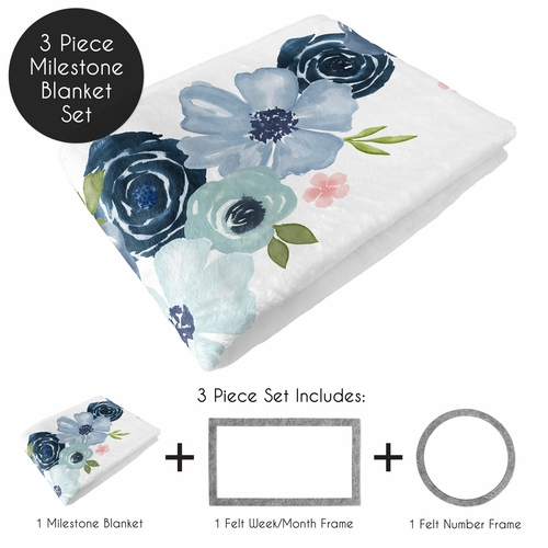 Watercolor Floral Navy Blue And Pink Monthly Milestone Baby Blanket - alt image 1