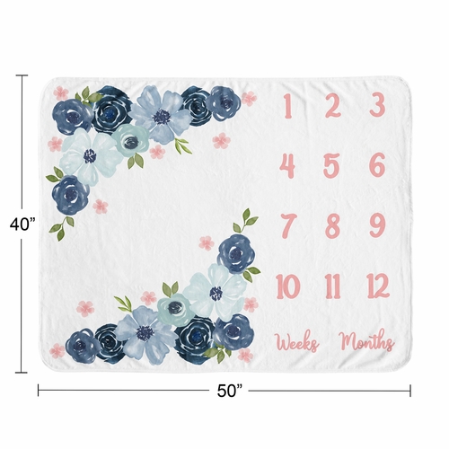 Watercolor Floral Navy Blue And Pink Monthly Milestone Baby Blanket - alt image 3