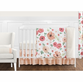 Watercolor Floral Peach and Green Collection 11 Piece Bumperless Crib Bedding