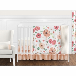 Watercolor Floral Peach and Green Collection 11 Piece Bumperless Crib Bedding