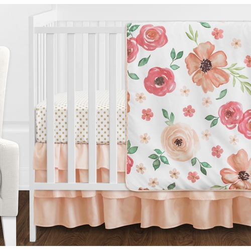 Watercolor Floral Peach and Green Collection 11 Piece Bumperless Crib Bedding - alt image 1