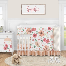 Watercolor Floral Peach and Green Collection 5 Piece Crib Bedding