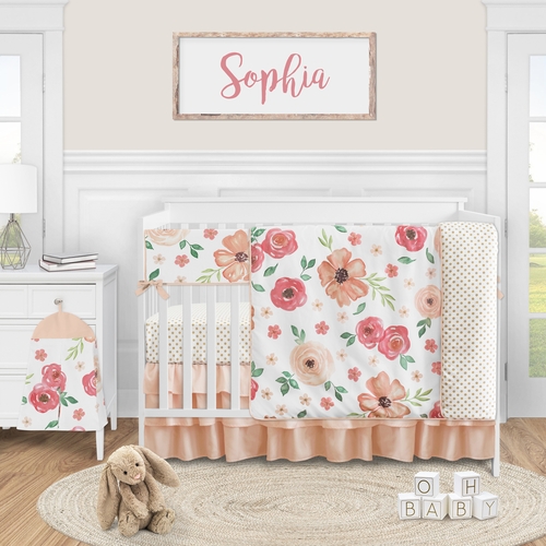 Watercolor Floral Peach and Green Collection 5 Piece Crib Bedding