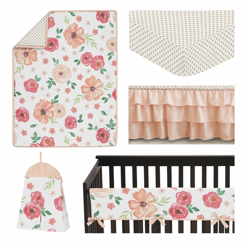 Watercolor Floral Peach and Green Collection 5 Piece Crib Bedding - alt image 1
