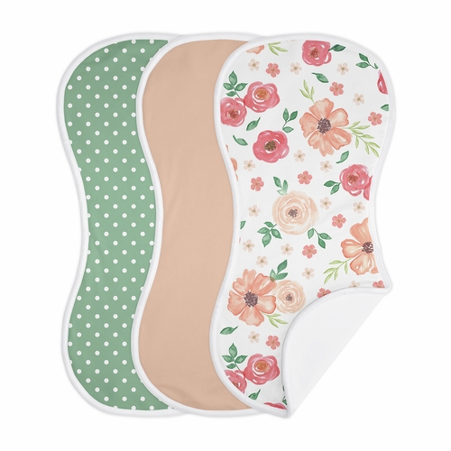 Watercolor Floral Peach and Green Collection Absorbent Burp Cloths - 3 Pack Set