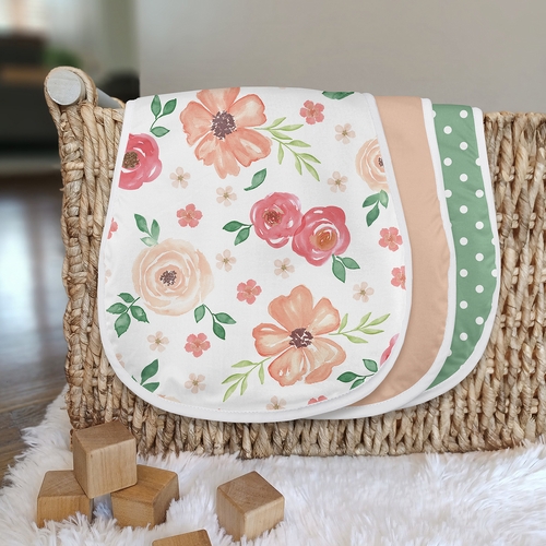 Watercolor Floral Peach and Green Collection Absorbent Burp Cloths - 3 Pack Set - alt image 2