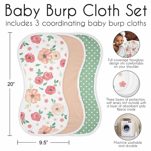 Watercolor Floral Peach and Green Collection Absorbent Burp Cloths - 3 Pack Set - alt image 5