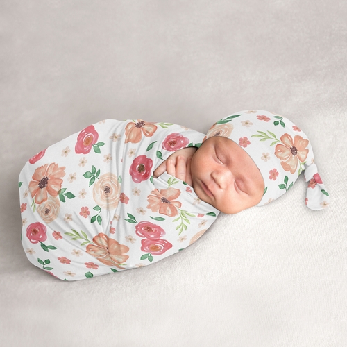Watercolor Floral Peach and Green Collection Baby Cocoon and Beanie Hat - 2 Piece Set