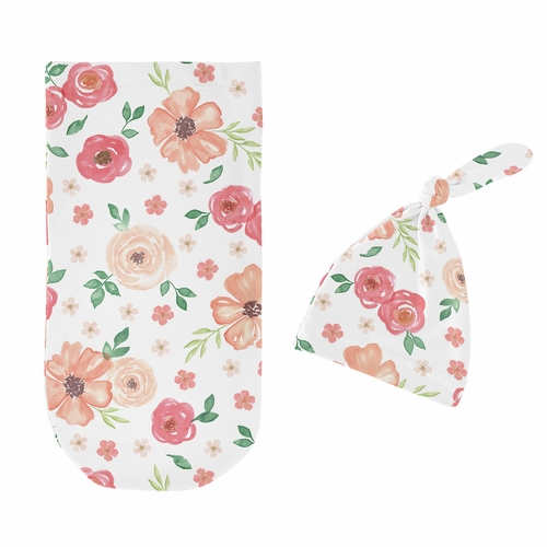 Watercolor Floral Peach and Green Collection Baby Cocoon and Beanie Hat - 2 Piece Set - alt image 1